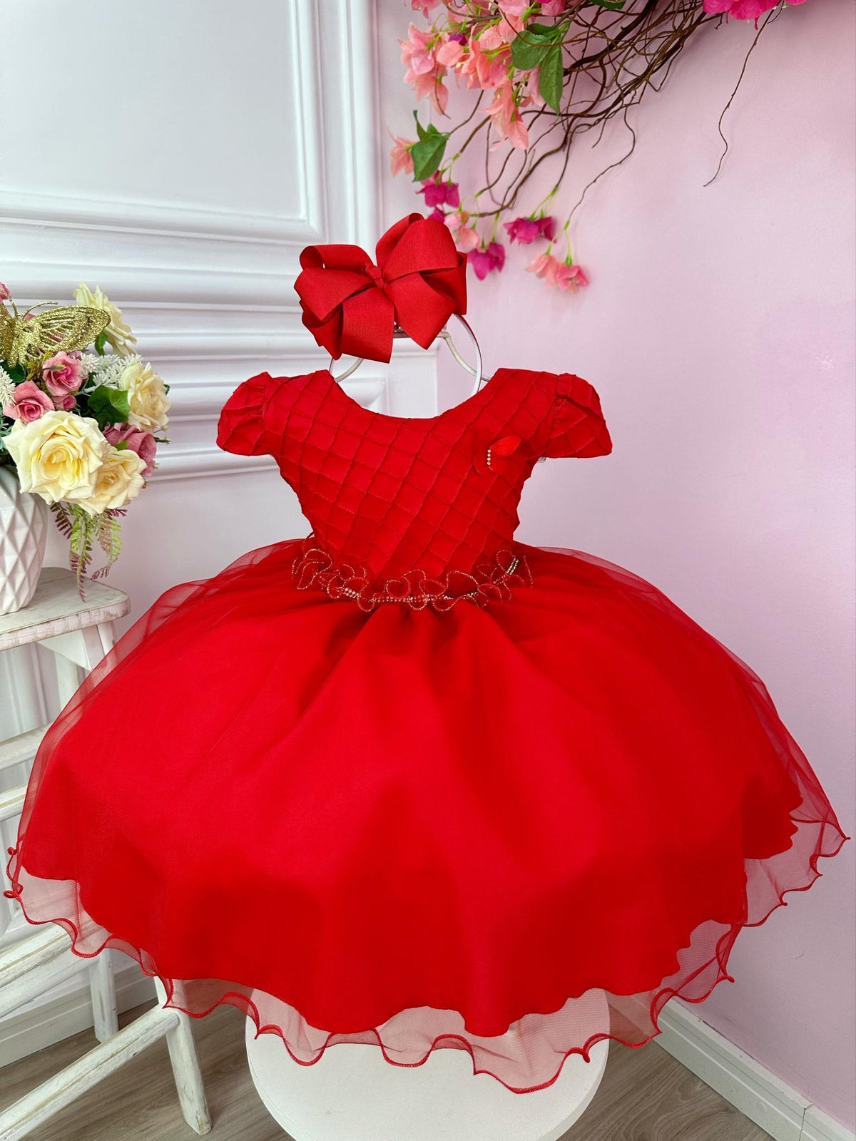 Vestido Infantil Vermelho Busto Nervura Flores Strass Natal (1242VM)