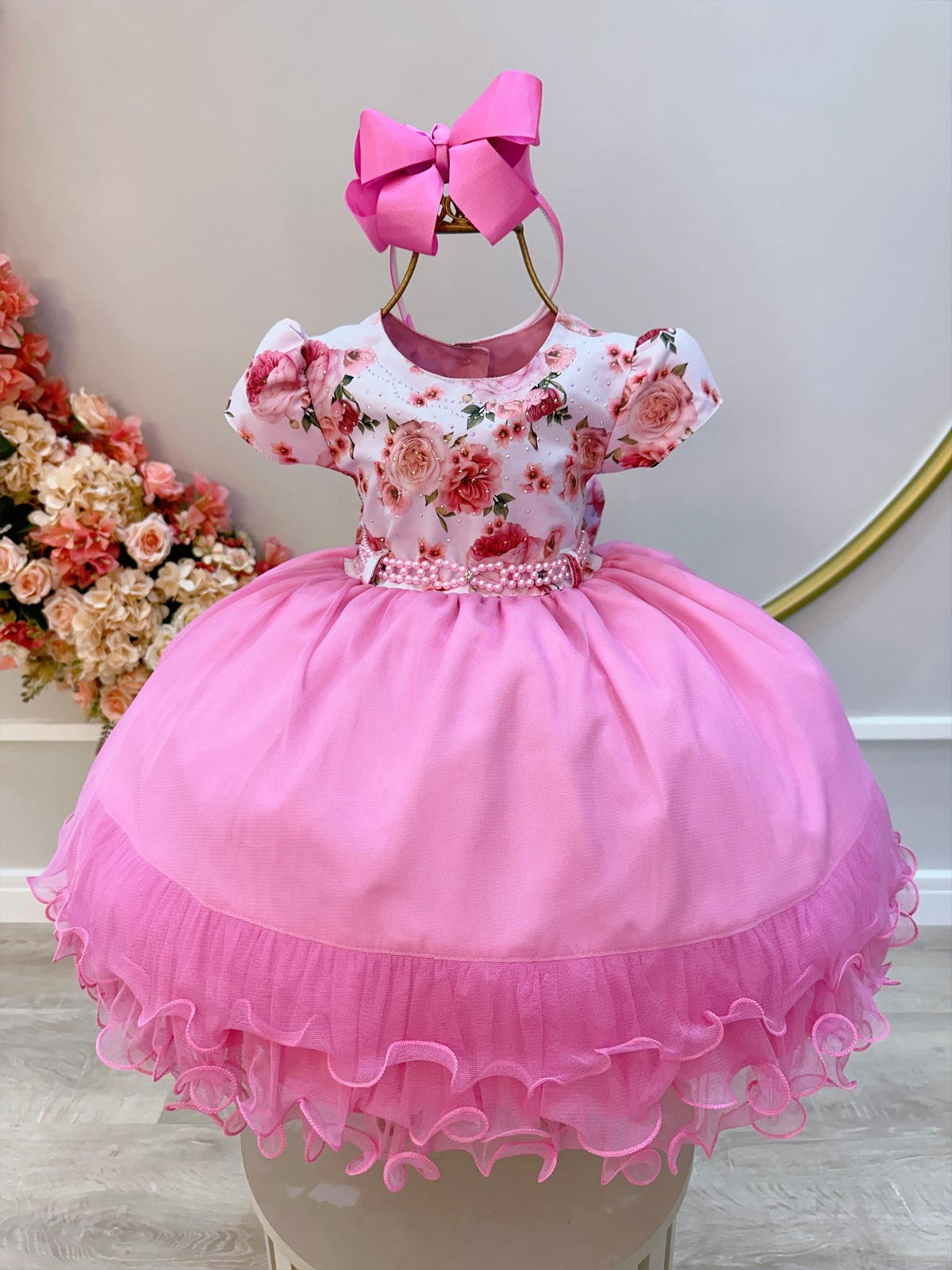 Vestido Infantil Branco Florido Strass e Saia Rosa Luxo (2416BR)