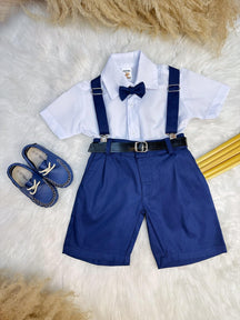 Conjunto Social Camisa Gravata Short e Susp. Azul Marinho (1330AM)