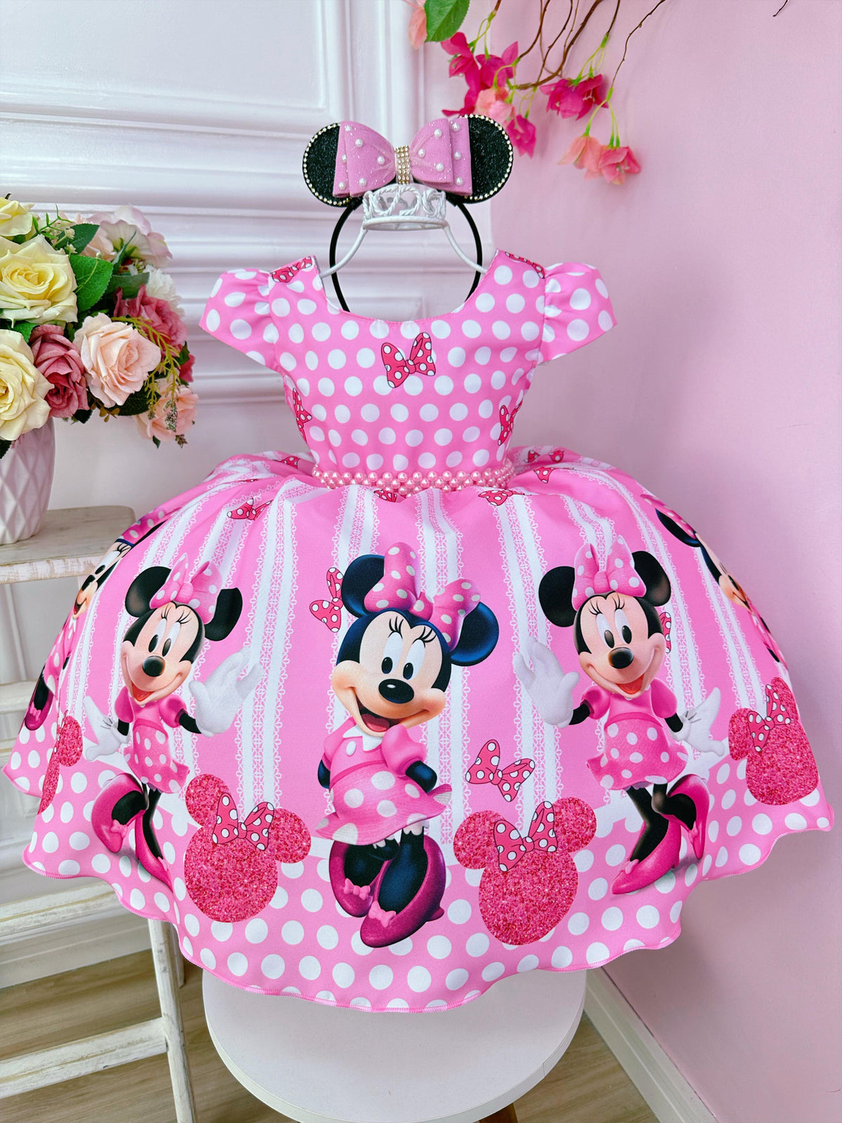 Vestido Infantil Minnie Rosa Cinto de Pérolas Princesas (0033RS)