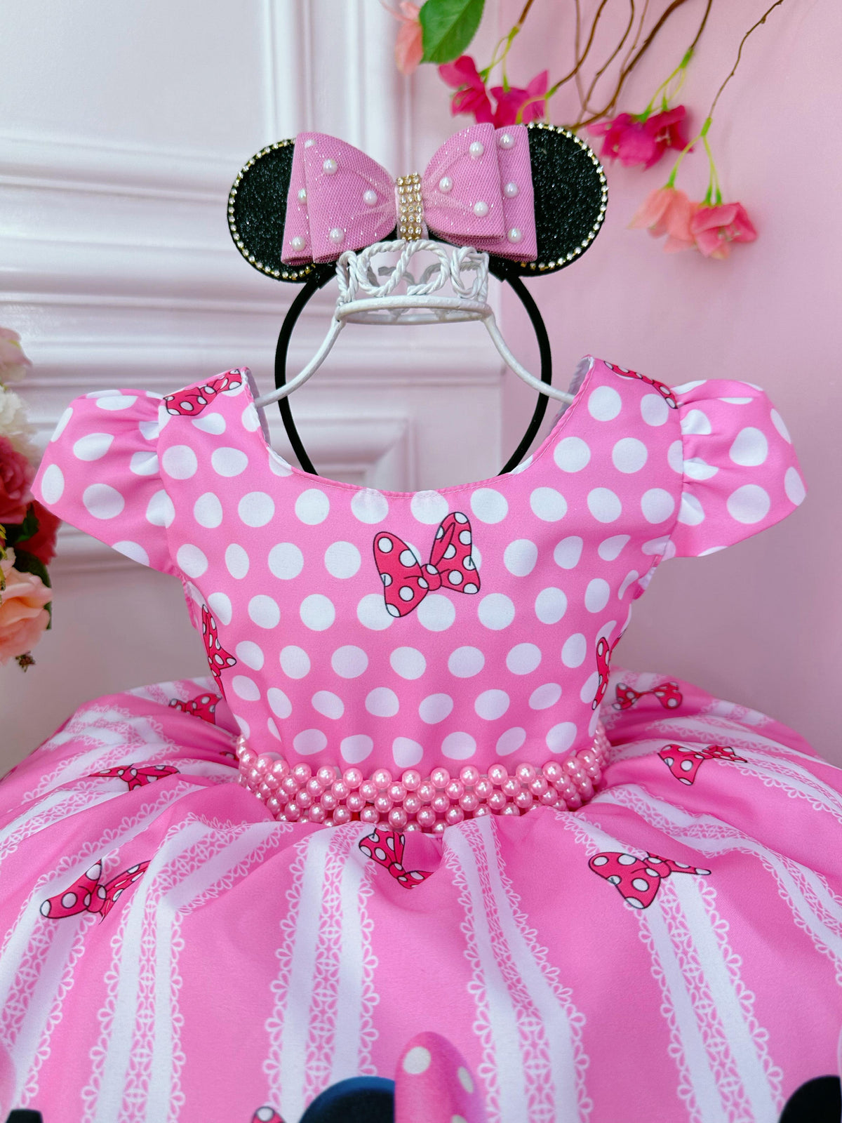 Vestido Infantil Minnie Rosa Cinto de Pérolas Princesas (0033RS)