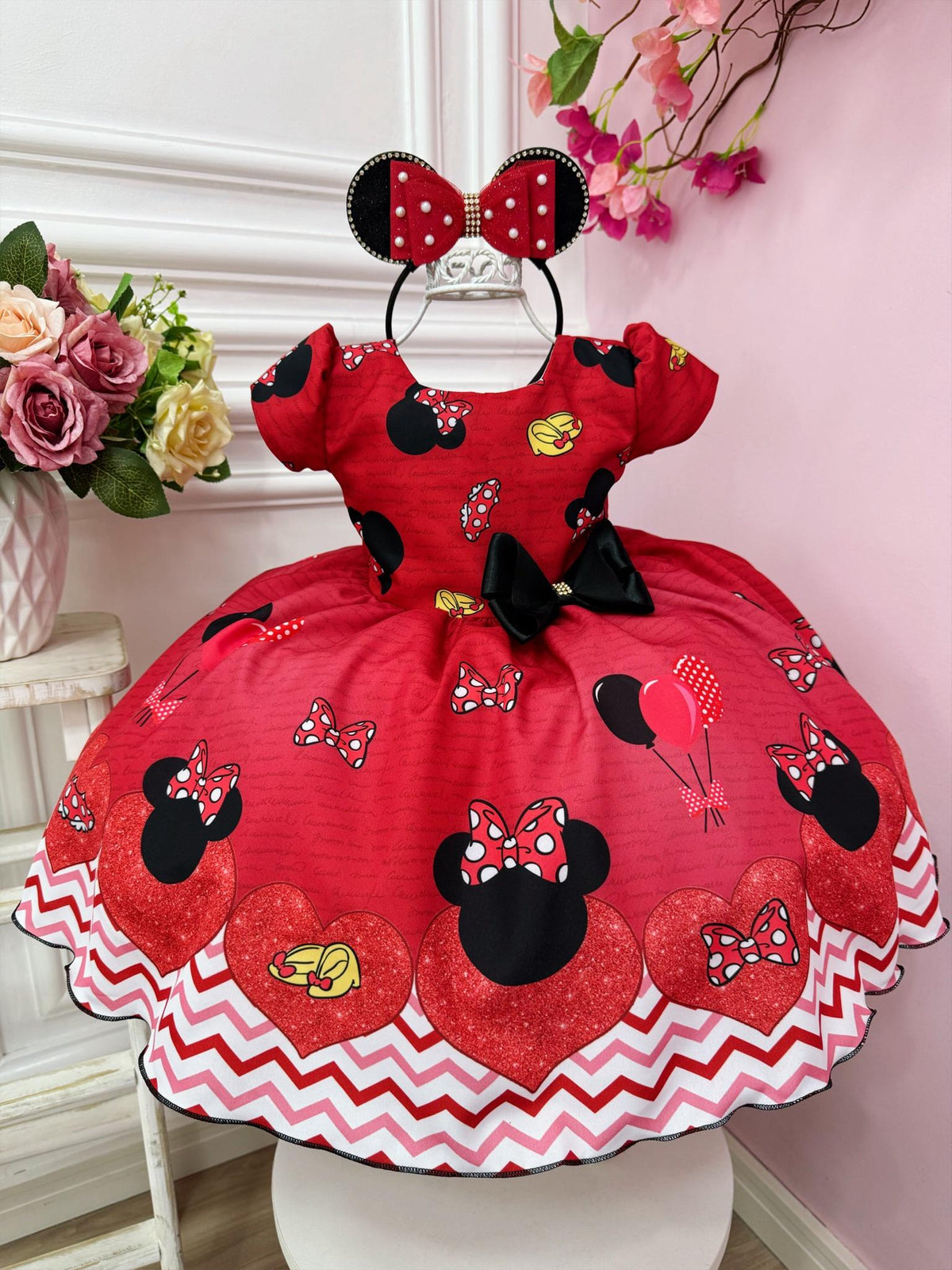 Vestido Infantil Vermelho Festa da Minnie C/ Broche Luxo (1200VM)