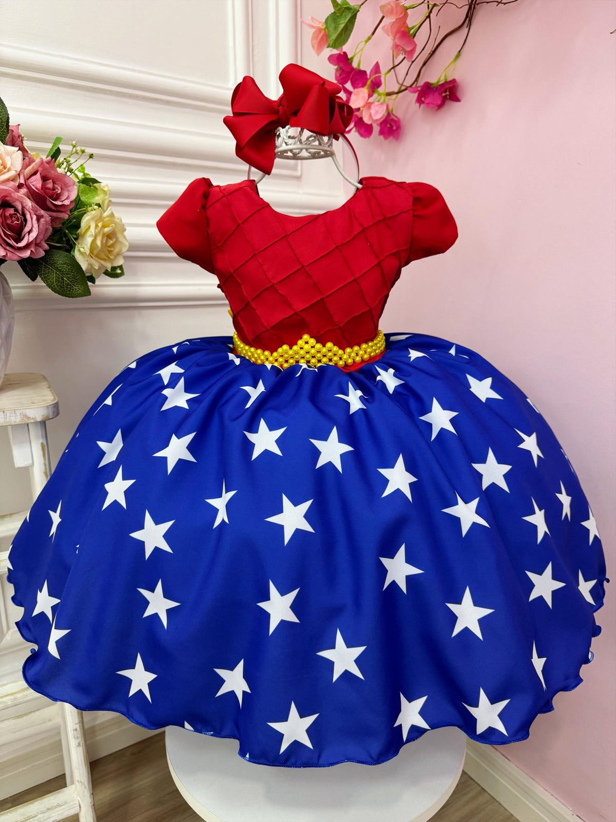 Vestido Infantil Mulher Maravilha Vermelho e Azul Luxo (1028VM)