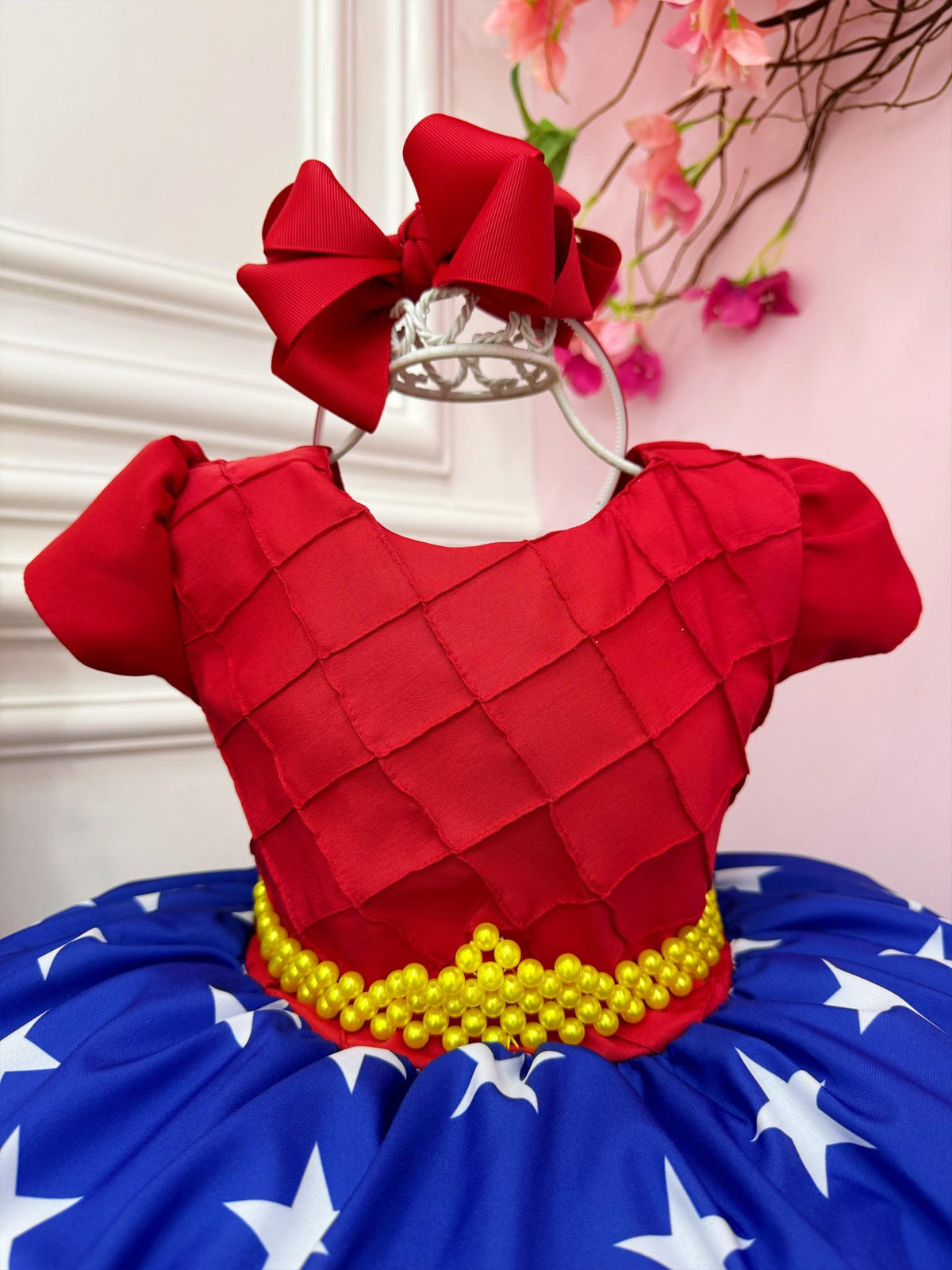 Vestido Infantil Mulher Maravilha Vermelho e Azul Luxo (1028VM)