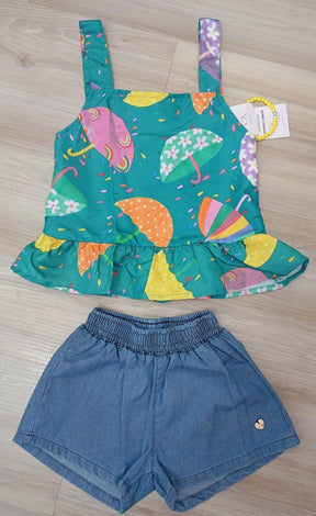 Conjunto Meninas Verde Colorido C/ Short Jeans e Pulseira (0115VJ)