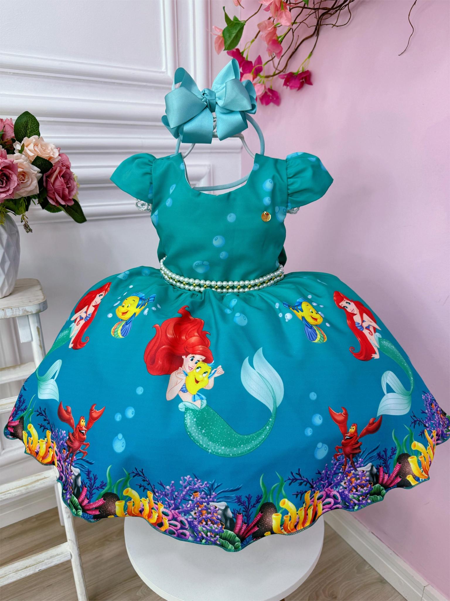 Vestido Infantil Ariel Linguado Fundo Mar Verde C/ Pérolas (2939VD)