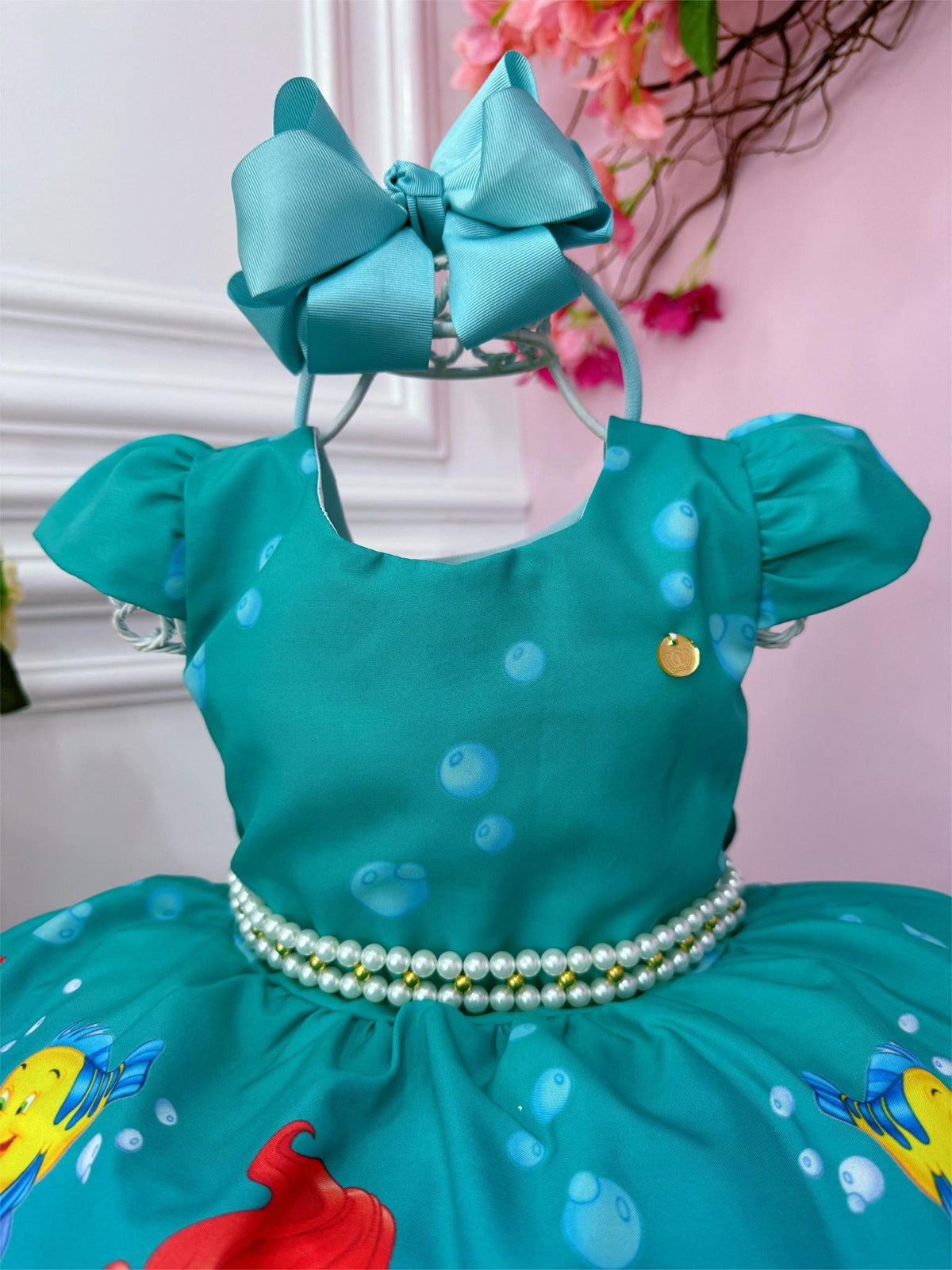 Vestido Infantil Ariel Linguado Fundo Mar Verde C/ Pérolas (2939VD)