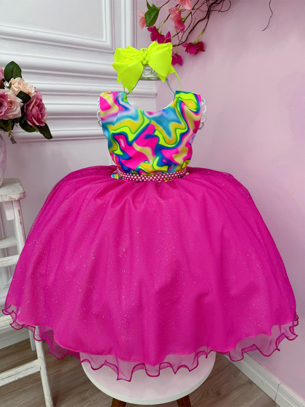 Vestido Infantil Barbie Colorido Neon Saia Pink C/ Glitter (1237PP)