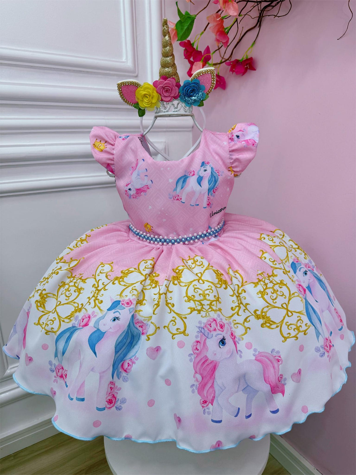 Vestido Infantil Unicórnio Rosa Com Cinto de Pérolas Festas (0879RD)