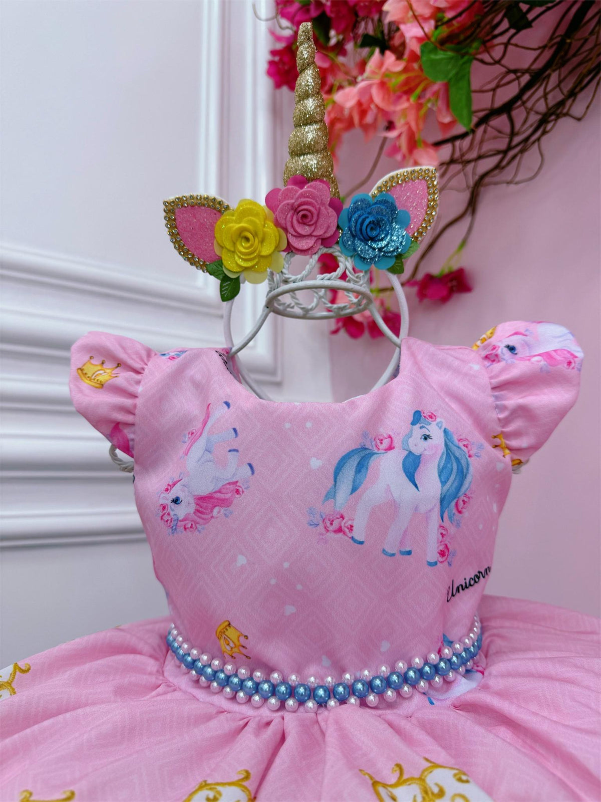 Vestido Infantil Unicórnio Rosa Com Cinto de Pérolas Festas (0879RD)