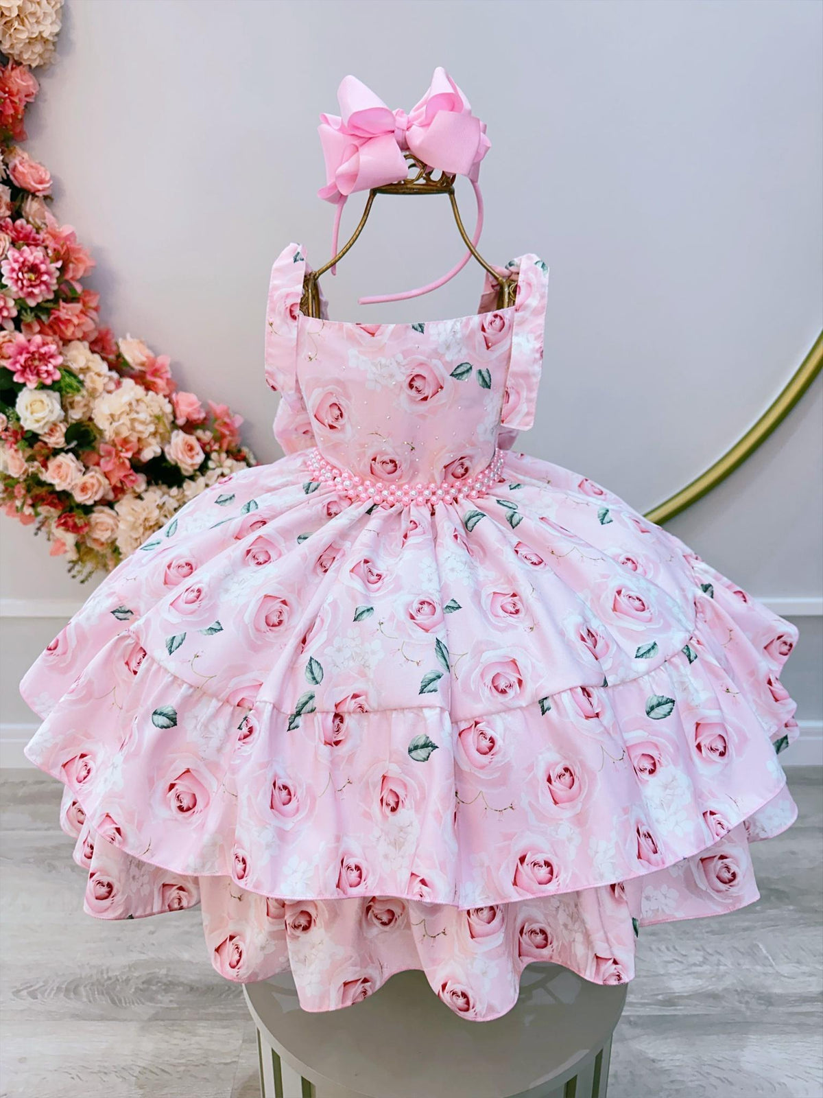 Vestido Infantil Rosa Bebê Flores Rosas C/ Cinto de Pérolas (1747RS)