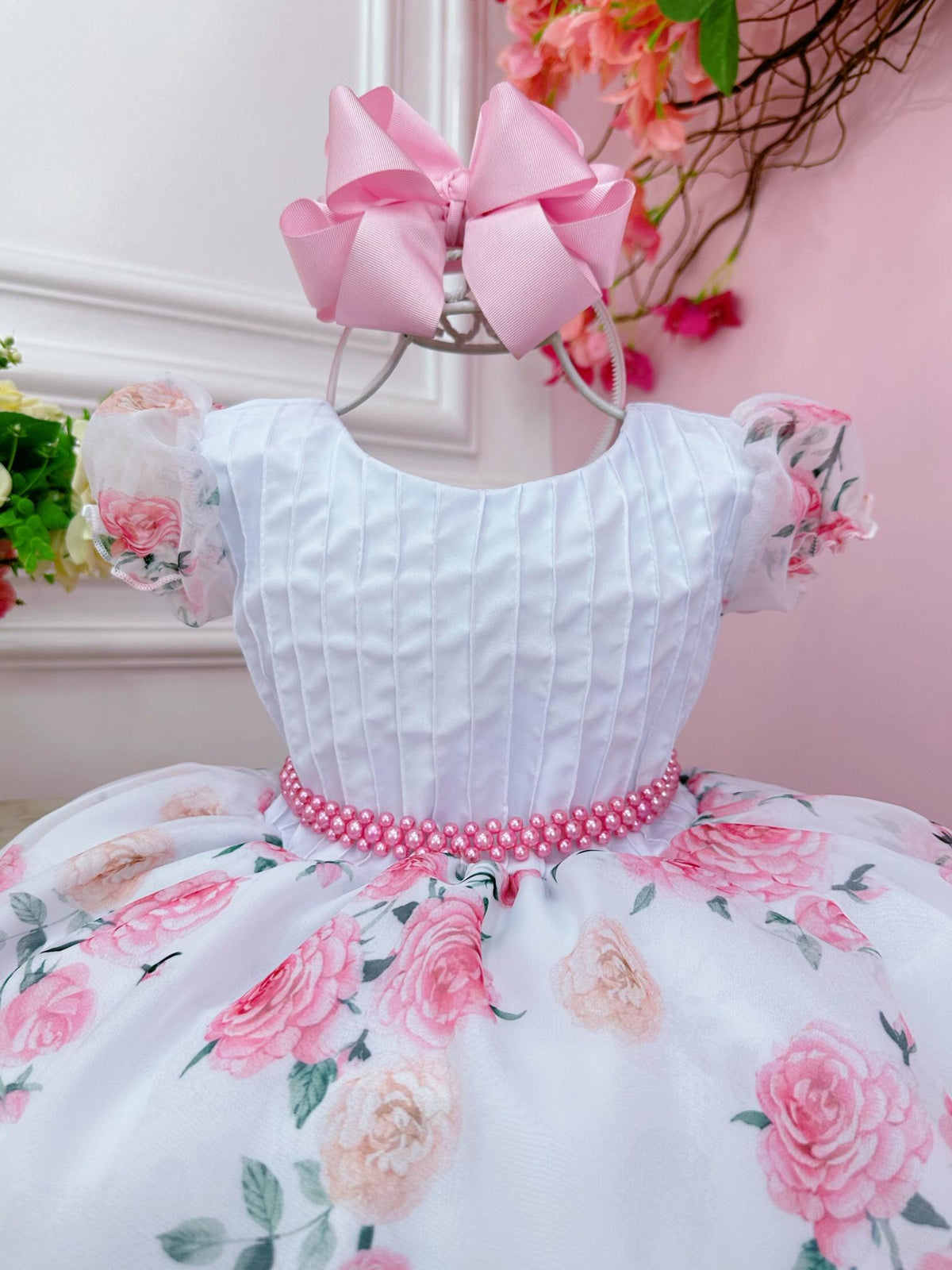 Vestido Infantil Branco Busto Nervura Florido C/ Pérolas Festas (1196BF)