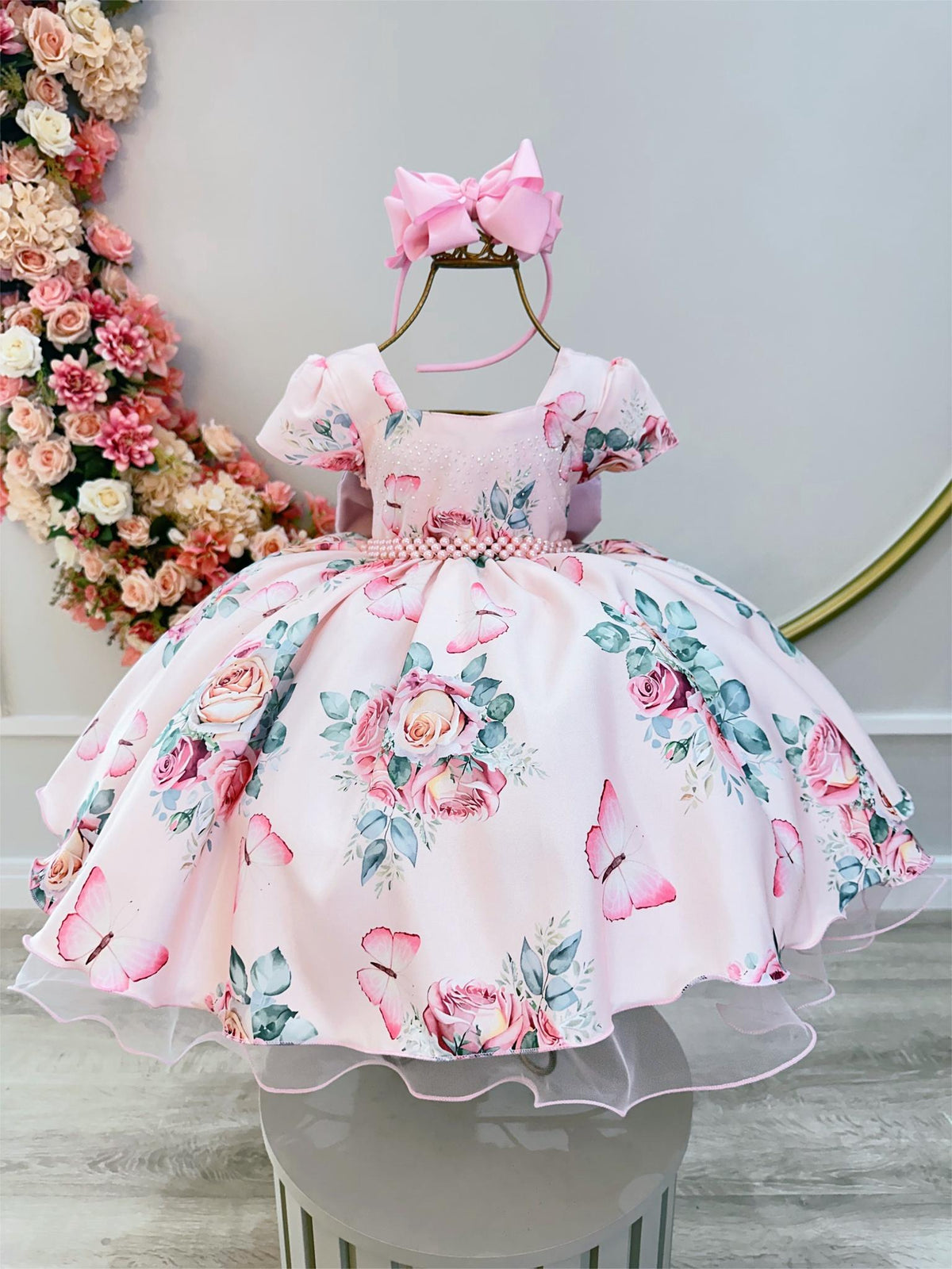 Vestido Infantil Rosa Jardim das Borboletas Damas Luxo Pérolas (1753RR)