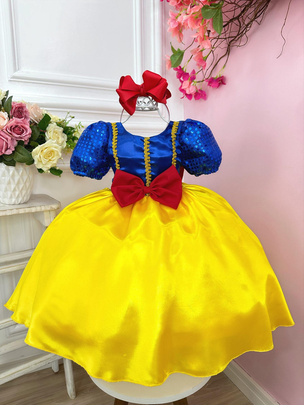 Vestido Infantil Branca de Neve C/ Aplique de Laço Festas (3612AA)