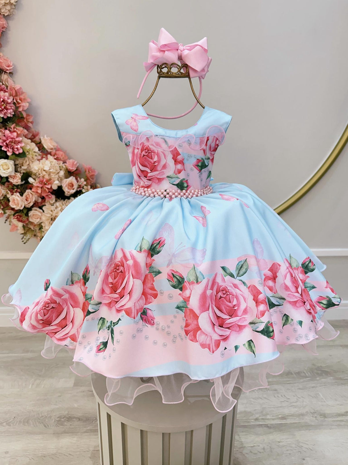 Vestido Infantil Azul Claro Jardim das Borboletas C/ Pérolas (1751AR)