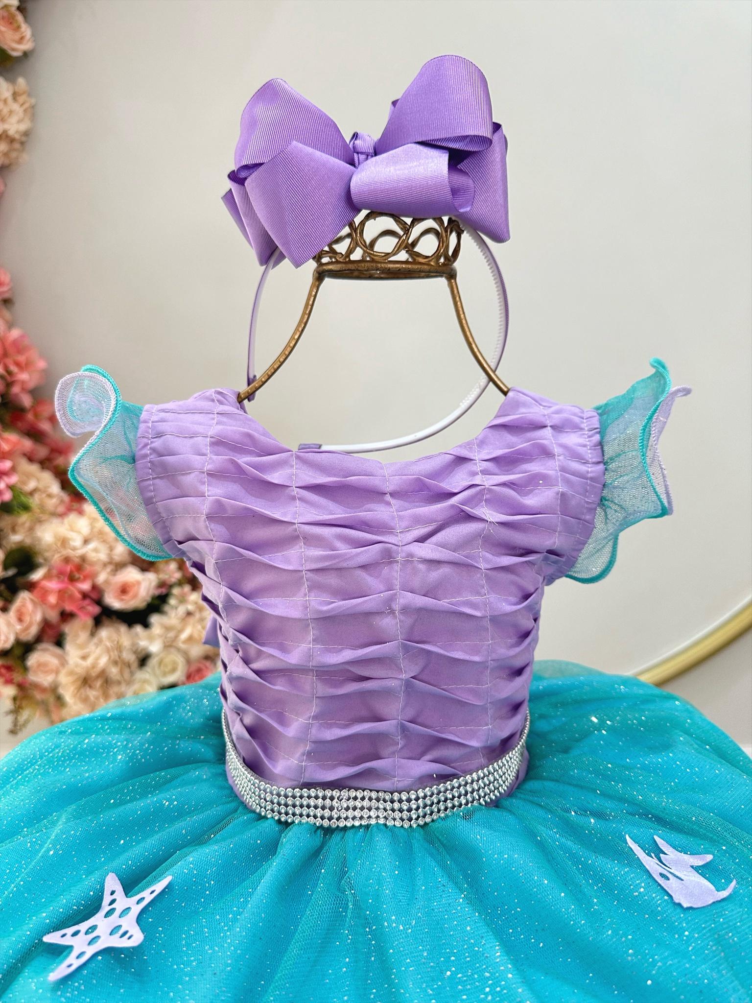 Vestido Infantil Ariel Busto Plissado Apliques Fundo do Mar (1210LV)