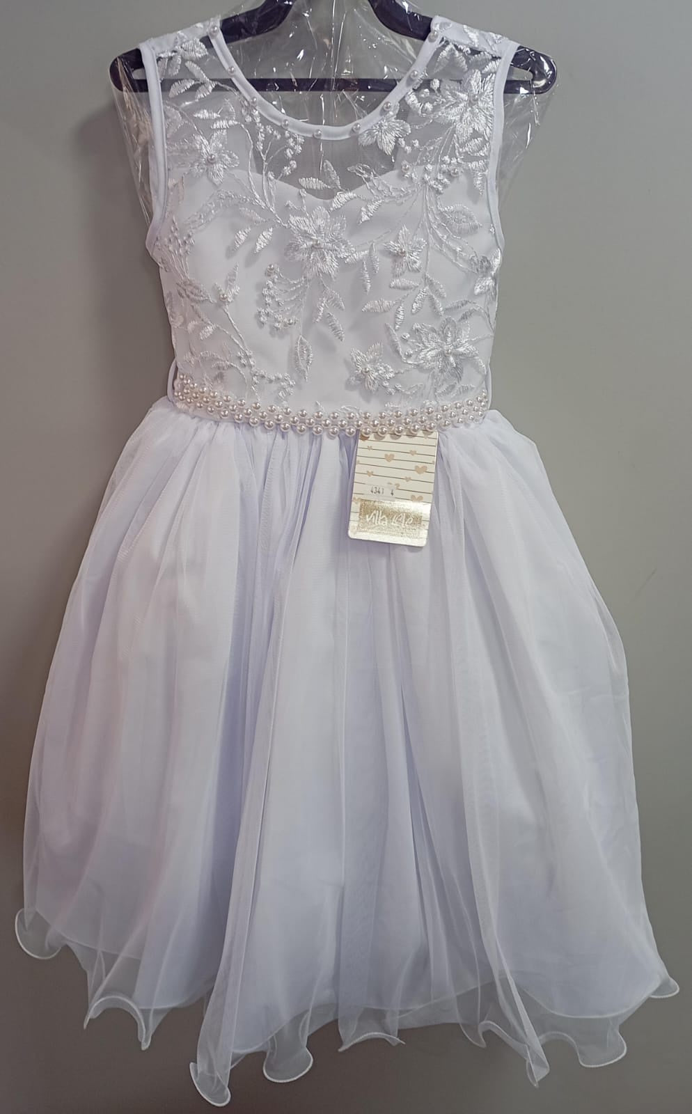 Vestido Infantil Longo Branco C/ Renda e Cinto de Pérolas (4341BB)