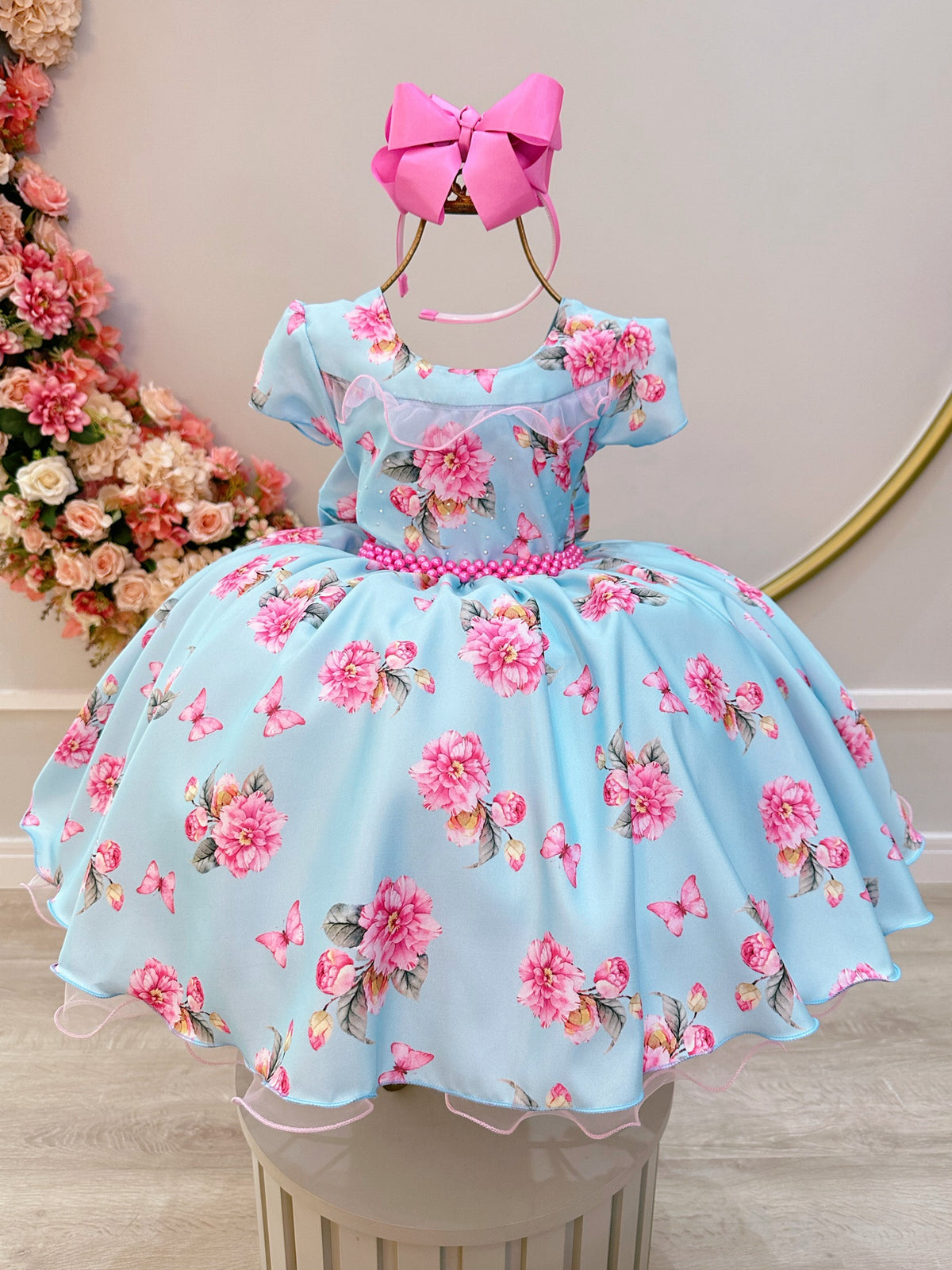 Vestido Infantil Azul Claro Jardim das Borboletas C/ Strass (1762AP)