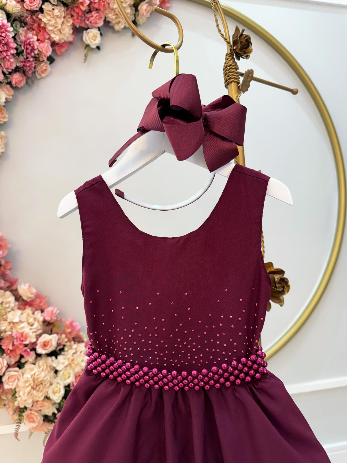 Vestido Infantil Marsala Busto C/ Strass e Cinto de Pérolas (0621MR)