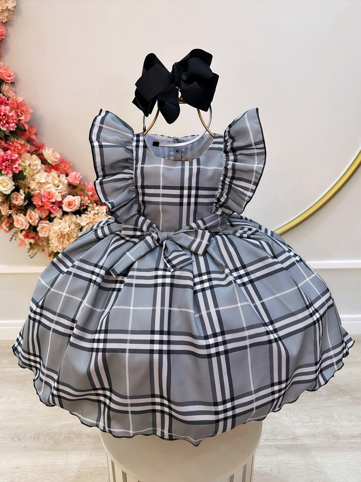 Vestido Infantil Xadrez Cinza Tartan Festas Luxo (1305XD)