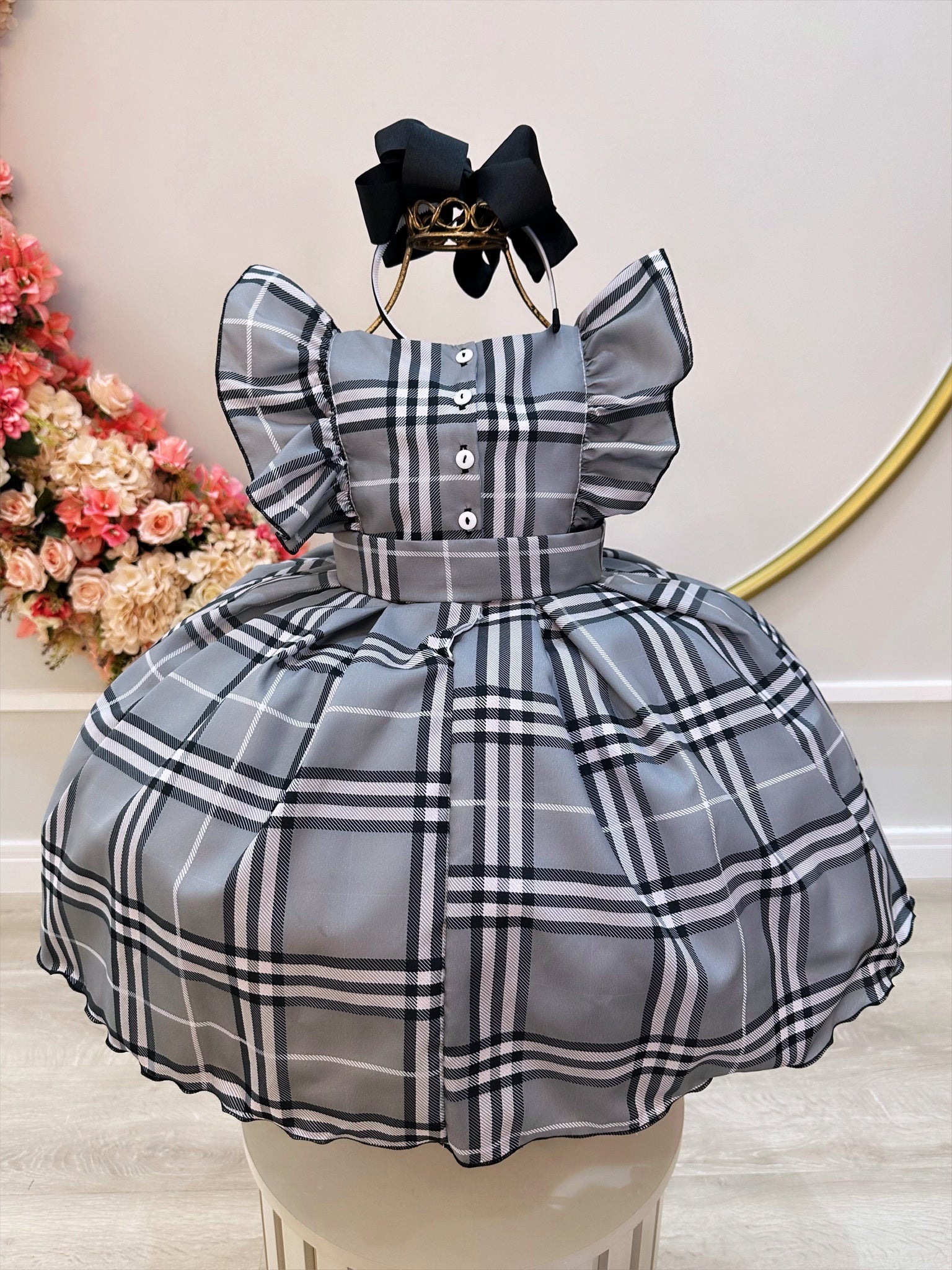 Vestido Infantil Xadrez Cinza Tartan Festas Luxo (1305XD)