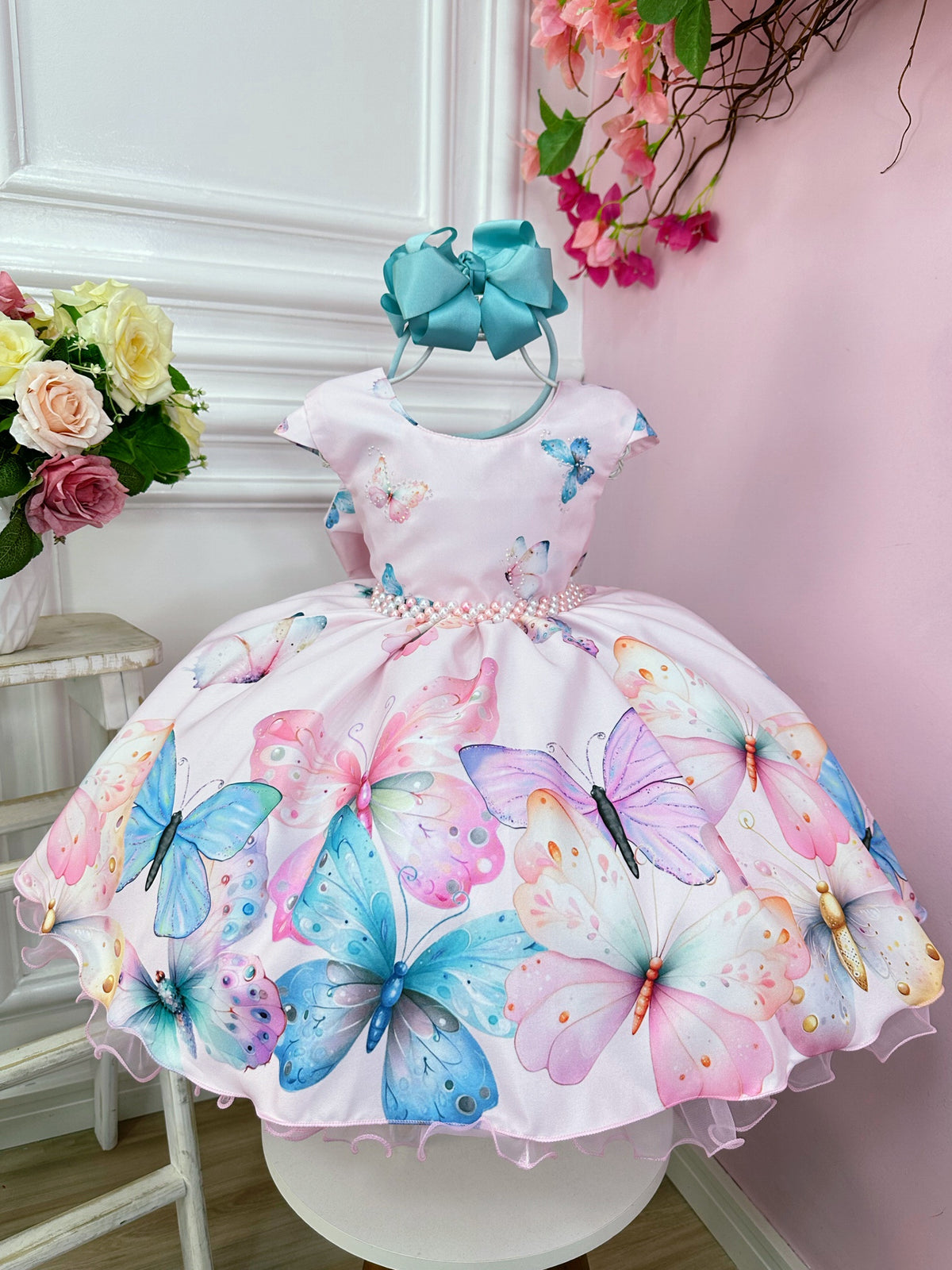 Vestido Infantil Rosa Borboletas Damas Festas Luxo Pérolas (1749RS)