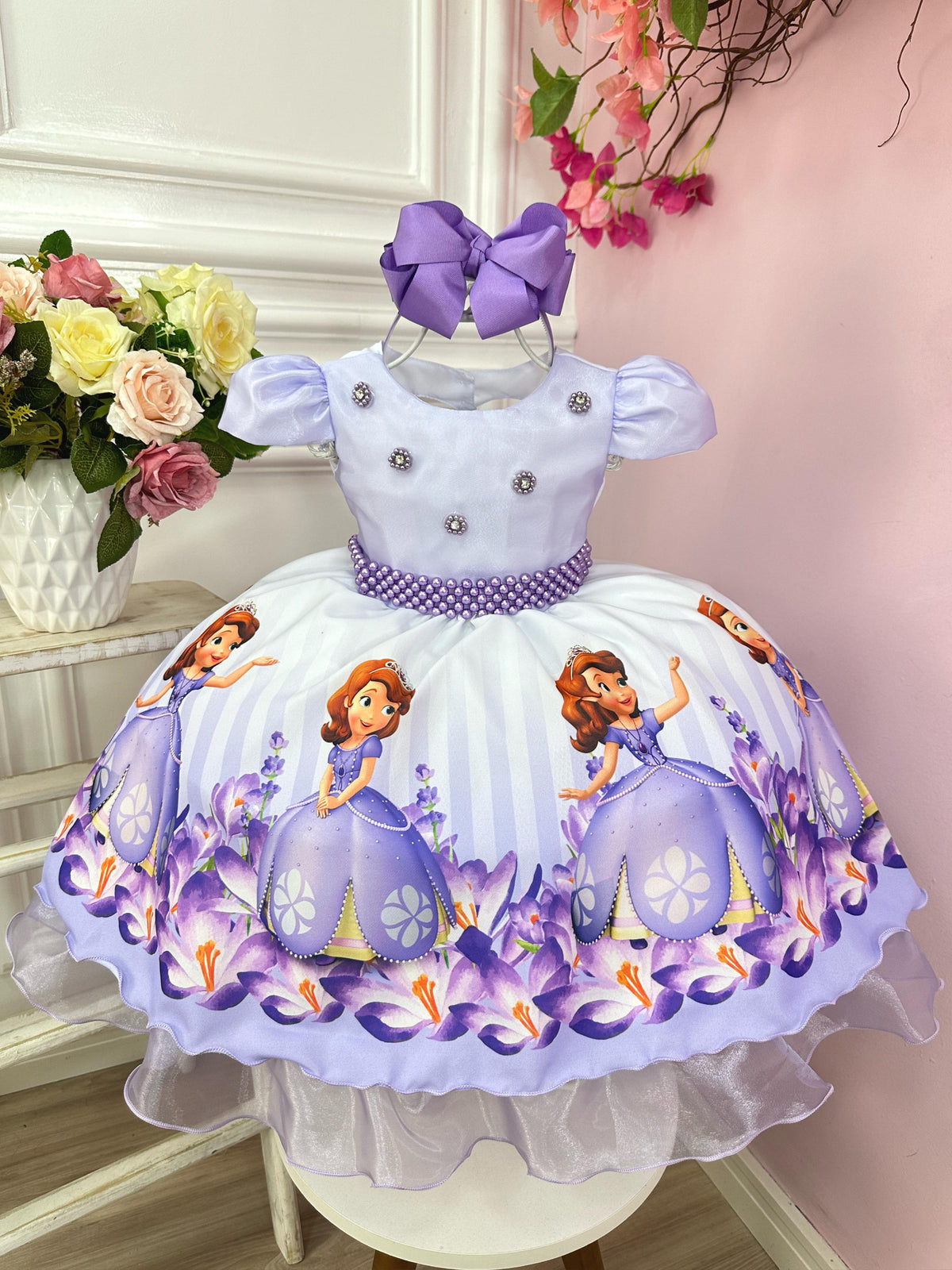 Vestido Infantil Princesa Sofia Lilás Aplique Pérolas Luxo (1090LL)