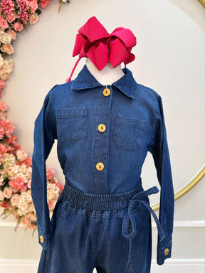 Conjunto infantil Jeans Azul Com Camisa e Calça Casual Luxo (0125JN)