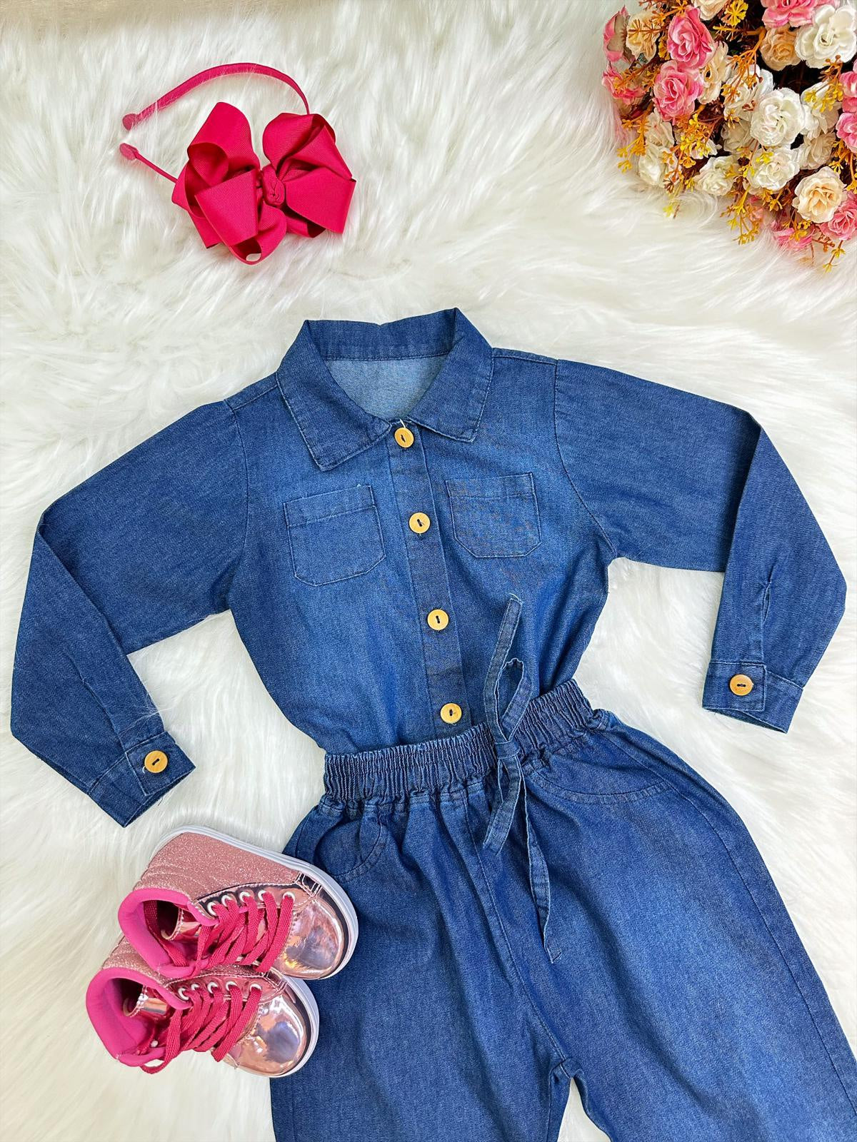 Conjunto infantil Jeans Azul Com Camisa e Calça Casual Luxo (0125JN)