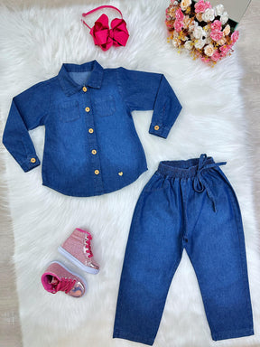 Conjunto infantil Jeans Azul Com Camisa e Calça Casual Luxo (0125JN)