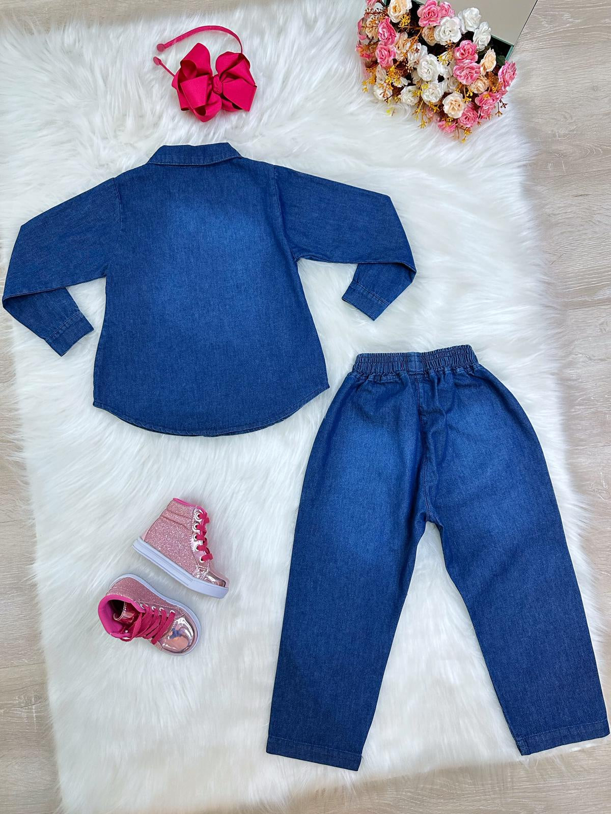 Conjunto infantil Jeans Azul Com Camisa e Calça Casual Luxo (0125JN)