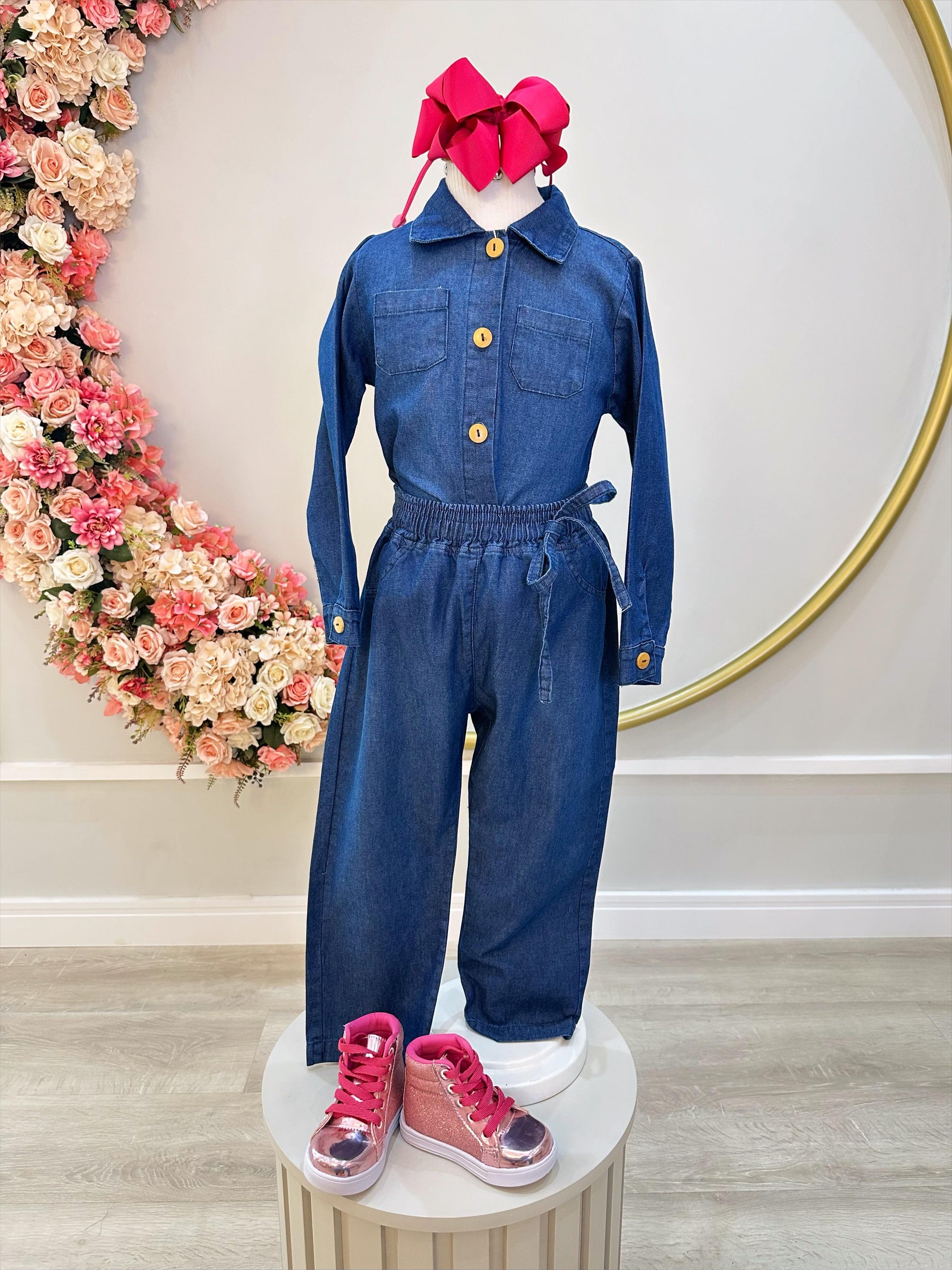 Conjunto infantil Jeans Azul Com Camisa e Calça Casual Luxo (0125JN)