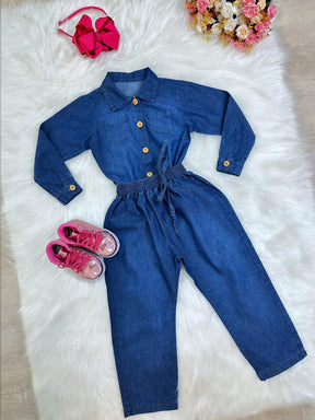 Conjunto infantil Jeans Azul Com Camisa e Calça Casual Luxo (0125JN)