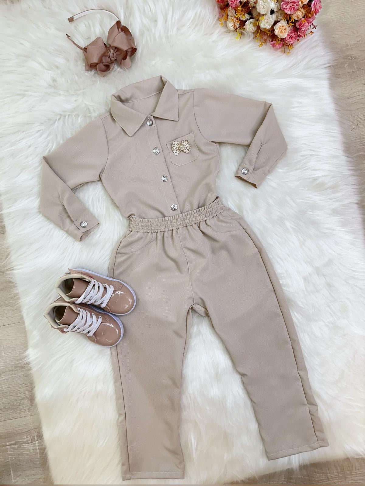 Conjunto infantil Nude Com Camisa e Calça Casual Luxo (0126ND)