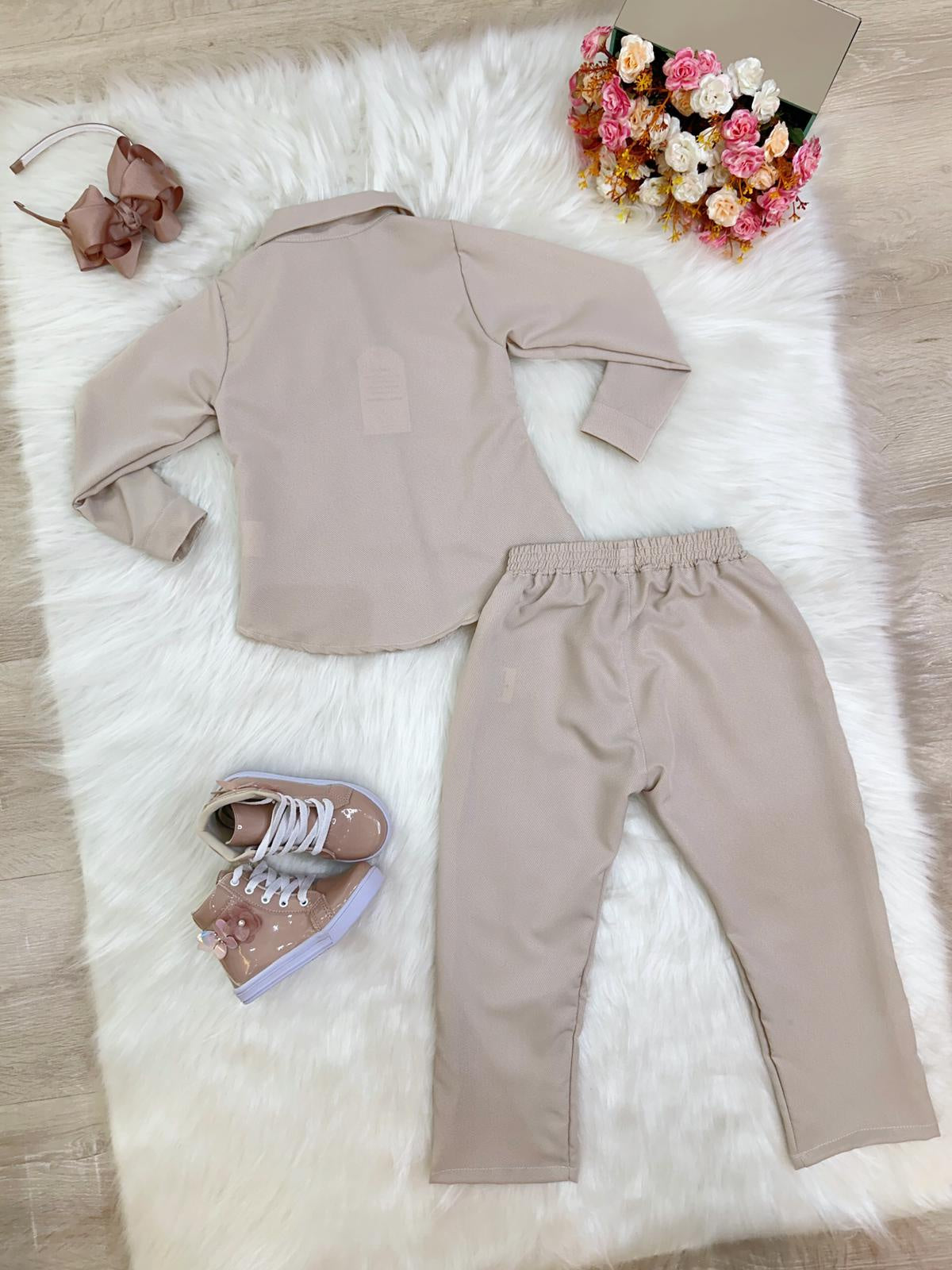 Conjunto infantil Nude Com Camisa e Calça Casual Luxo (0126ND)