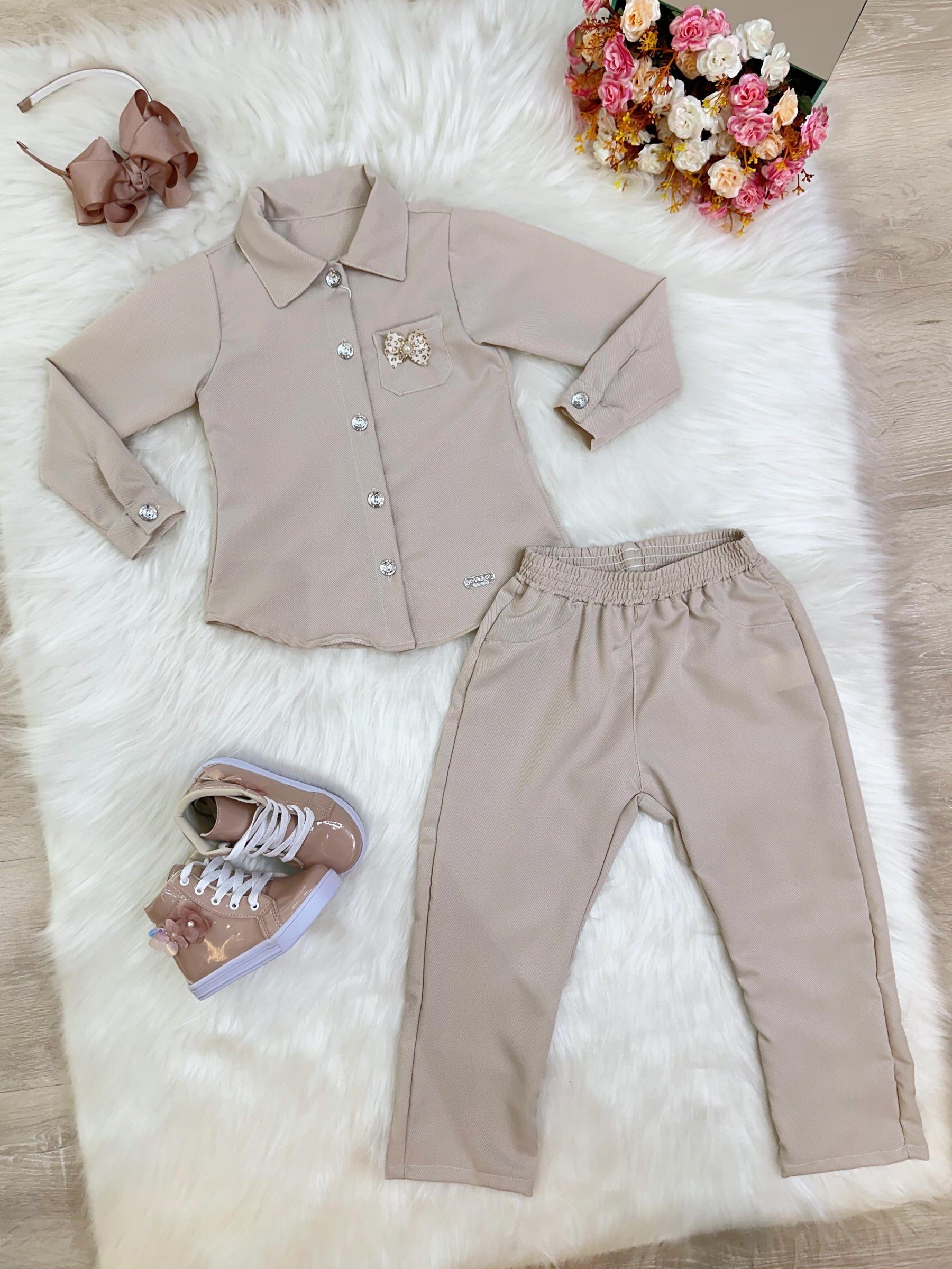 Conjunto infantil Nude Com Camisa e Calça Casual Luxo (0126ND)