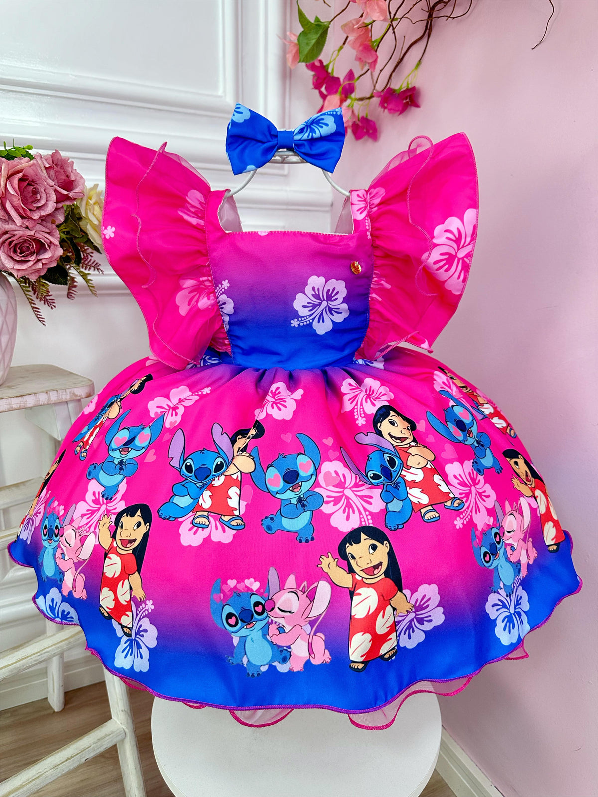 Vestido Infantil Lilo e Stitch Pink C/ Laço Festas (3461RA)