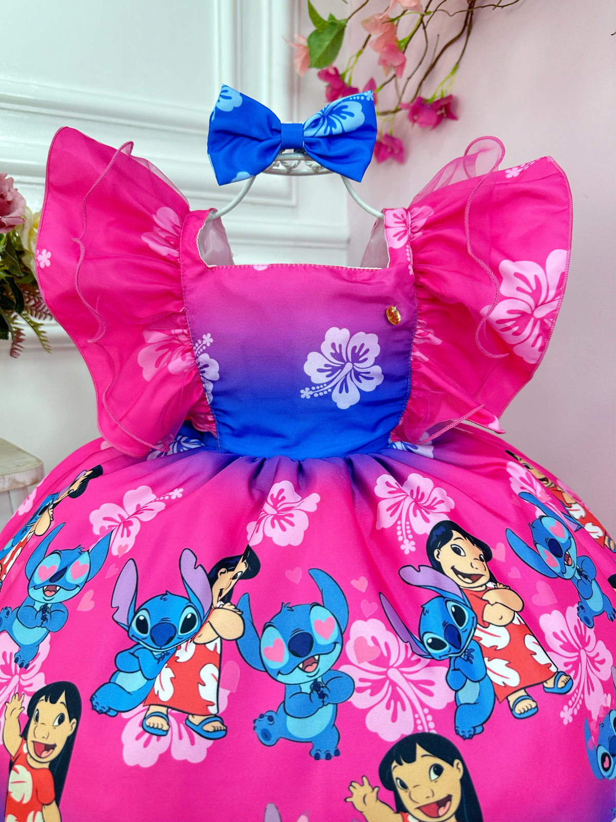 Vestido Infantil Lilo e Stitch Pink C/ Laço Festas (3461RA)