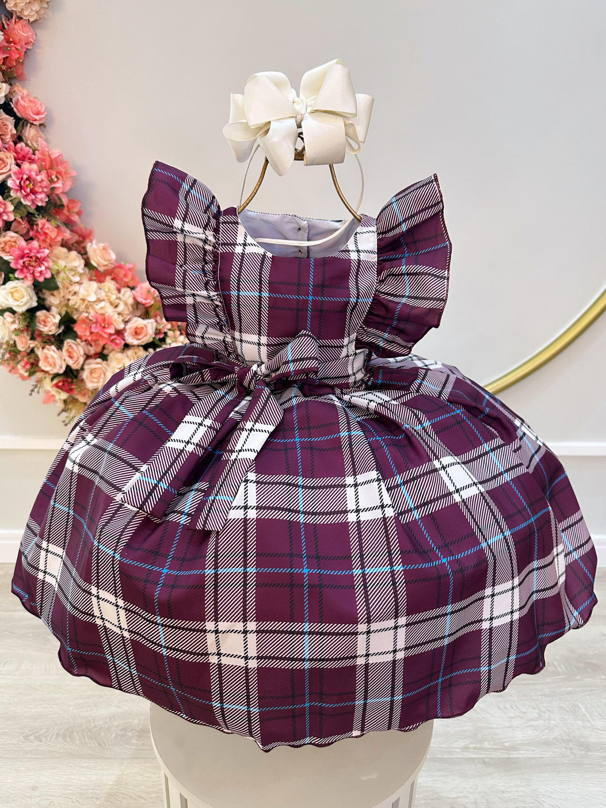 Vestido Infantil Xadrez Tartan Vinho Candy Luxo (1302VN)