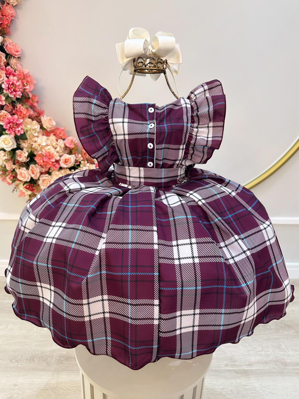 Vestido Infantil Xadrez Tartan Vinho Candy Luxo (1302VN)