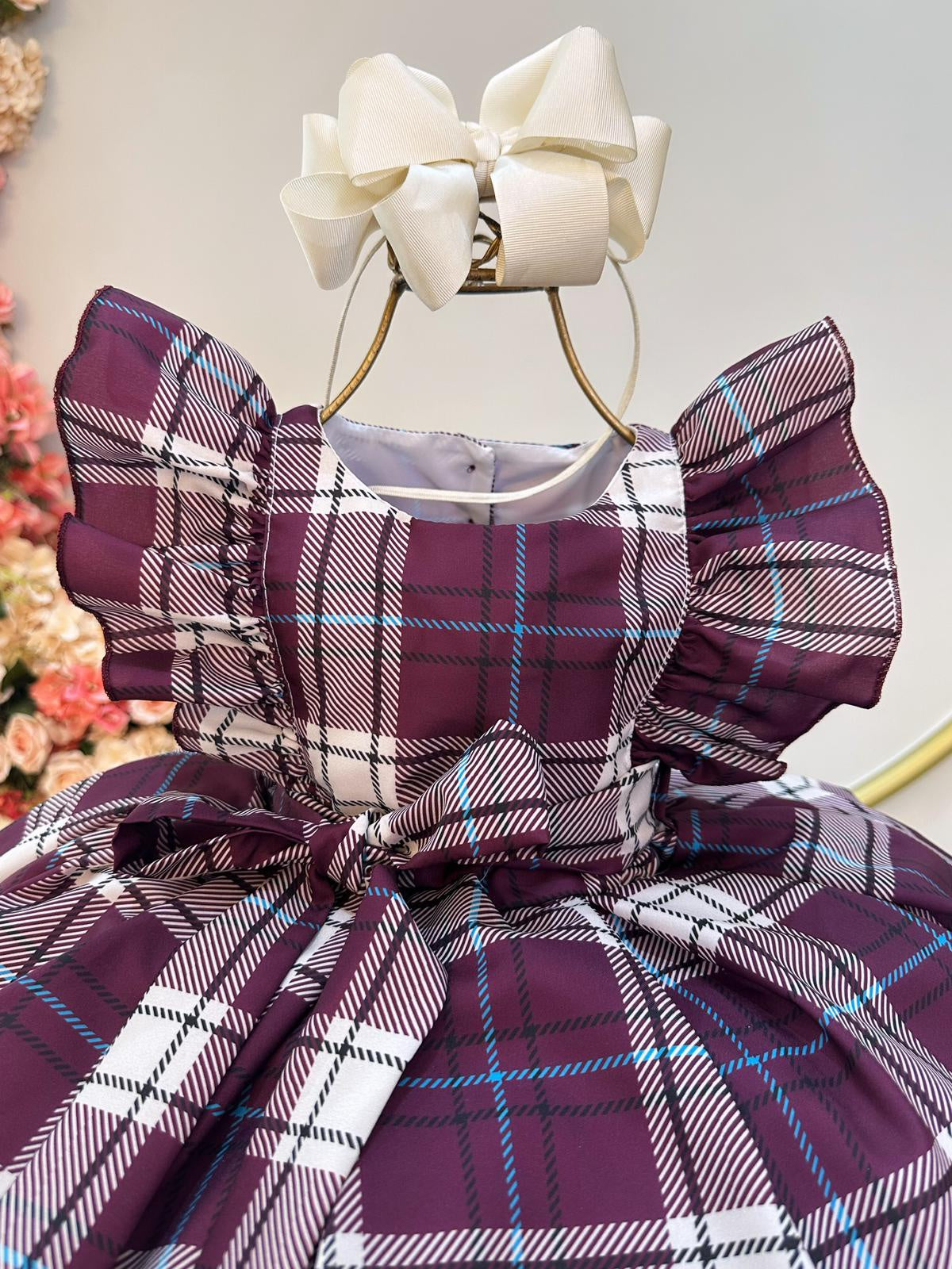 Vestido Infantil Xadrez Tartan Vinho Candy Luxo (1302VN)