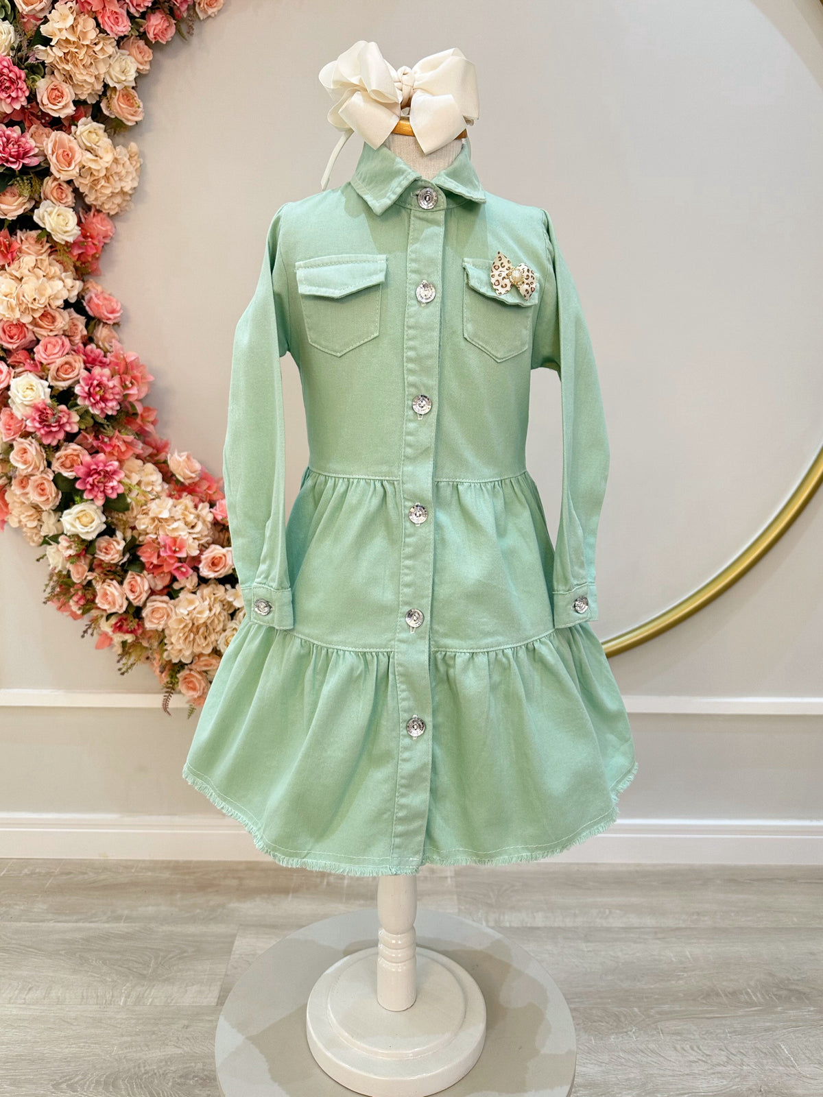 Vestido infantil Jeans Verde Claro Com Bolsos Casual Luxo (0123VA)