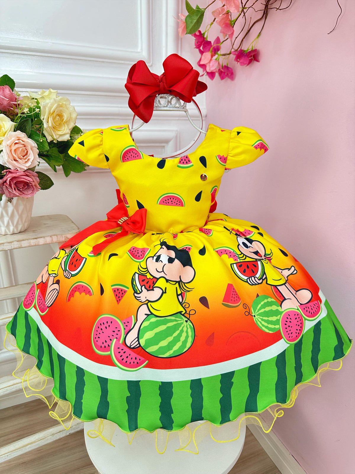 Vestido Infantil Magali Amarelo C/ Aplique de Laço Festas (3464AM)