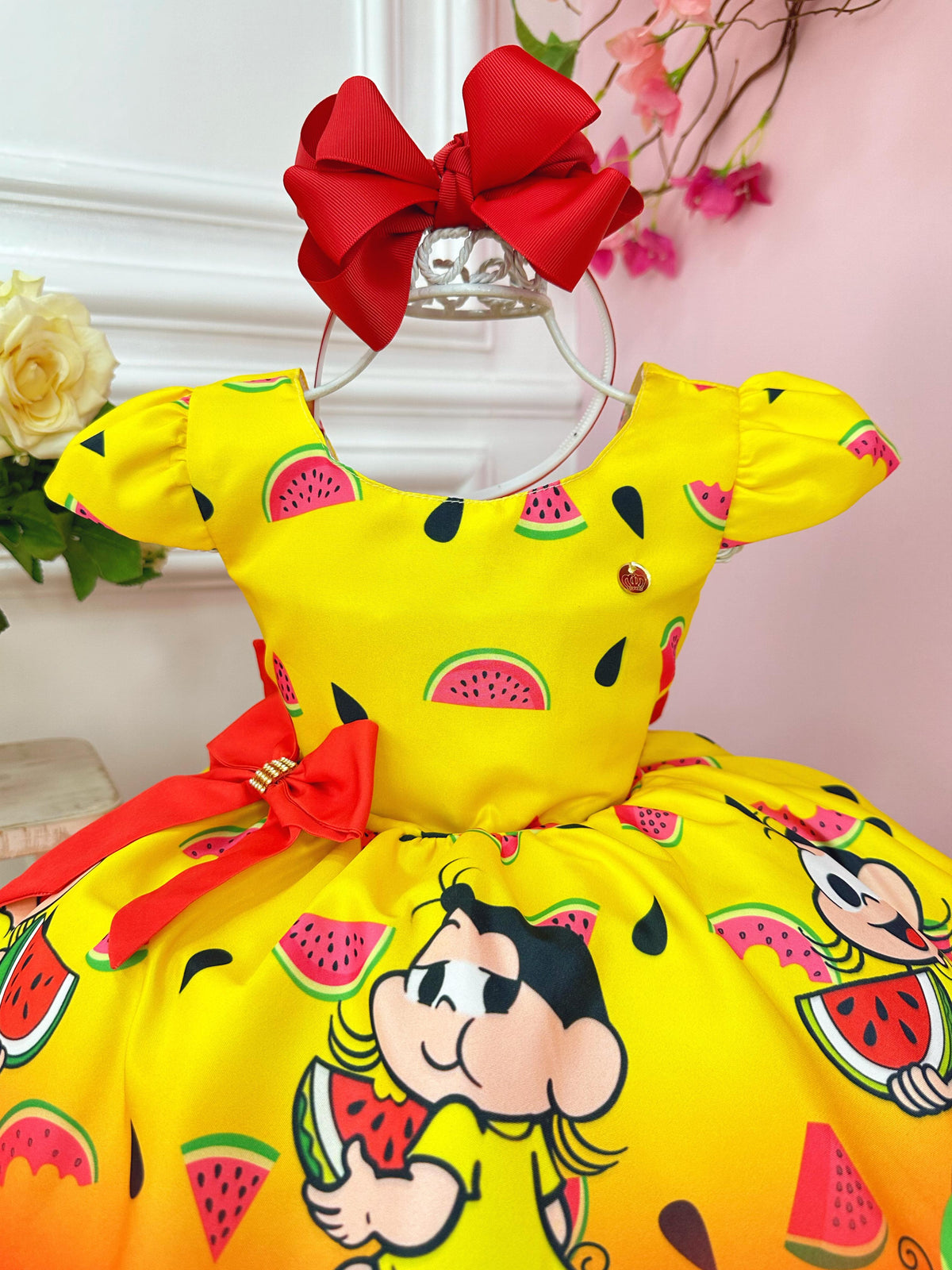 Vestido Infantil Magali Amarelo C/ Aplique de Laço Festas (3464AM)