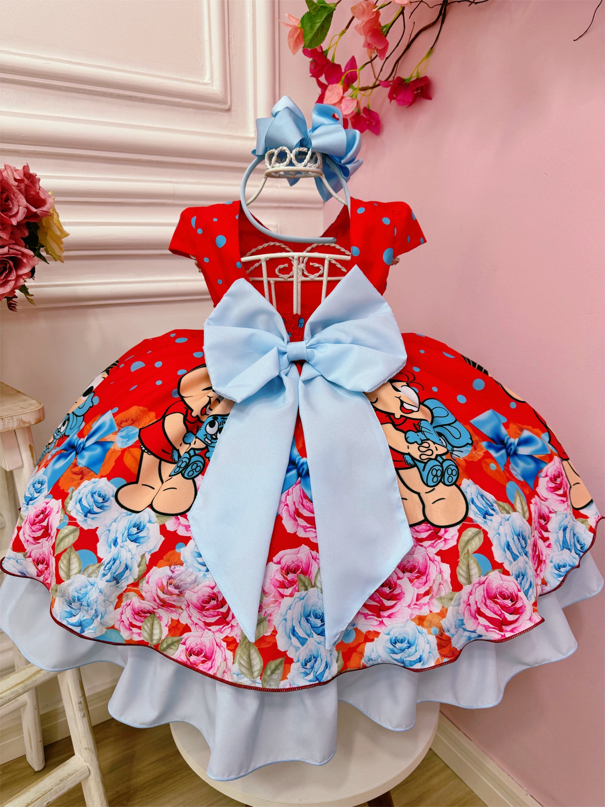 Vestido Infantil Mônica e Sansão Vermelho Florido Luxo (5057VM)