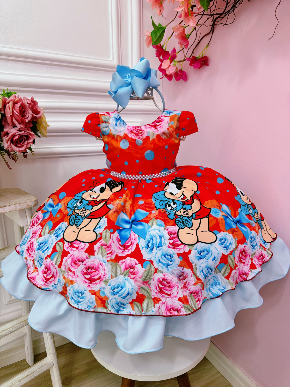 Vestido Infantil Mônica e Sansão Vermelho Florido Luxo (5057VM)