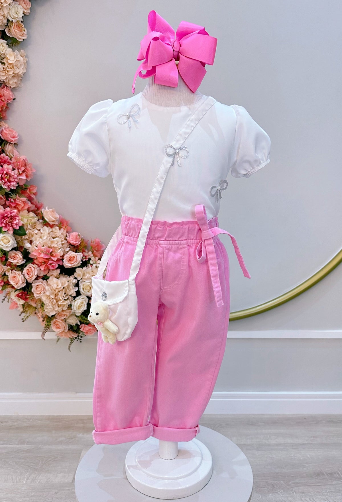 Conjunto infantil Com Blusa Branca e Calça Rosa Bolsinha (0140BR)