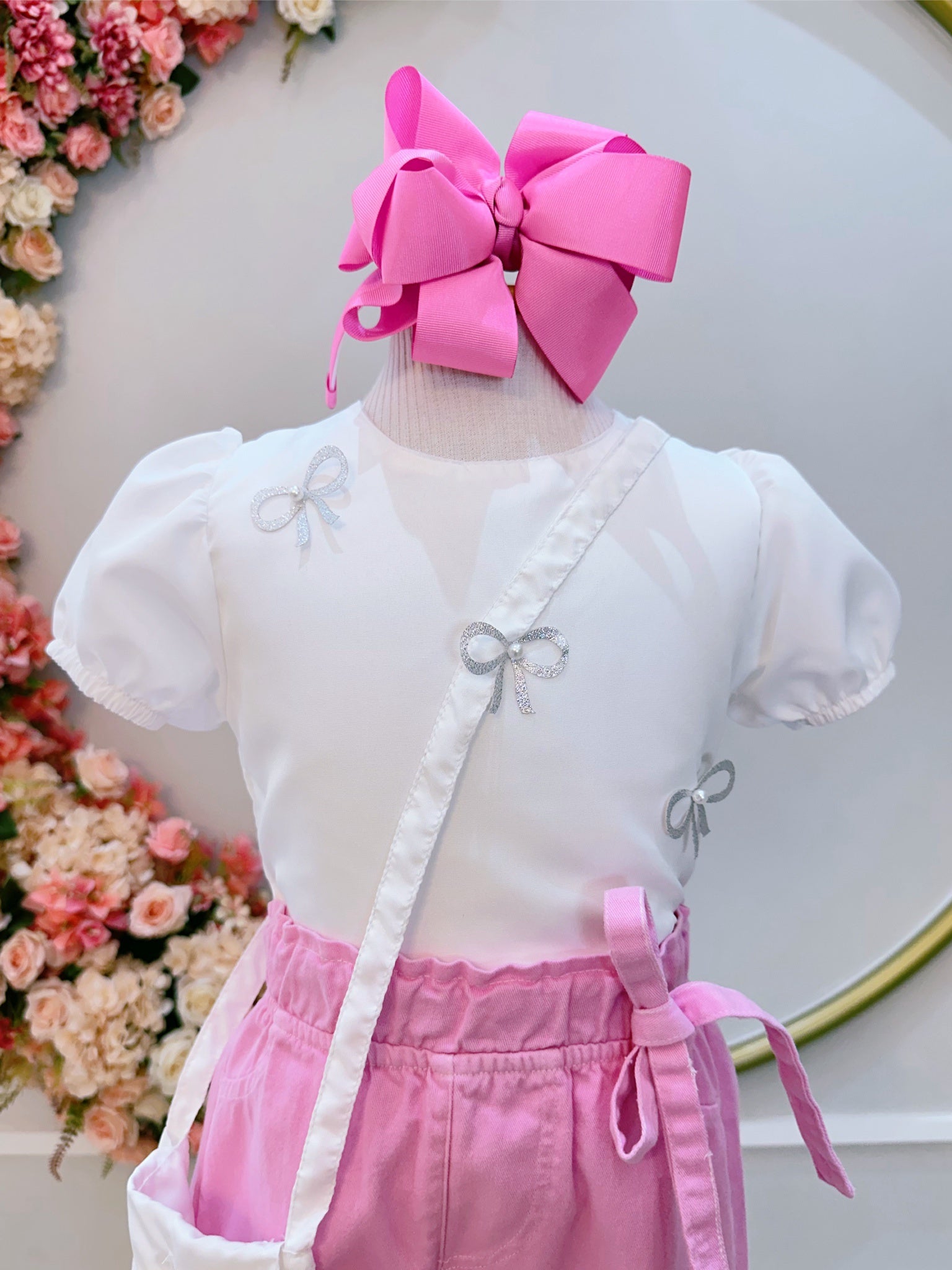 Conjunto infantil Com Blusa Branca e Calça Rosa Bolsinha (0140BR)