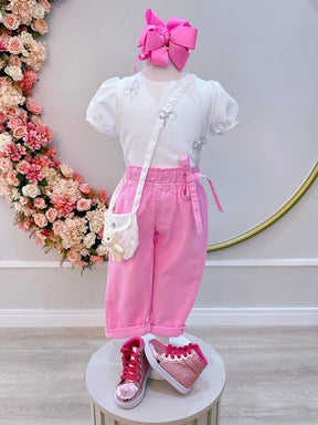 Conjunto infantil Com Blusa Branca e Calça Rosa Bolsinha (0140BR)