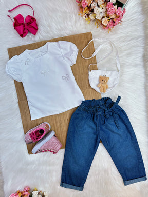 Conjunto infantil C/ Blusa Branca e Calça Jeans Azul Bolsinha (0144BJ)